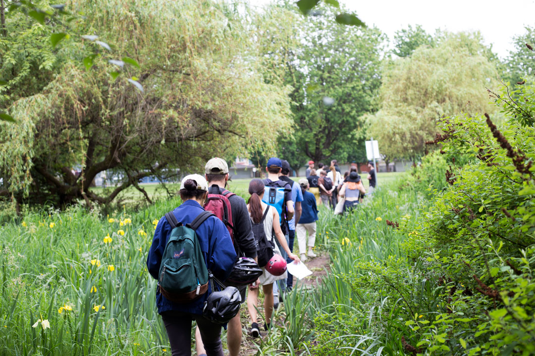 park-goers walking in a line on a cloudy day at Trout Lake.